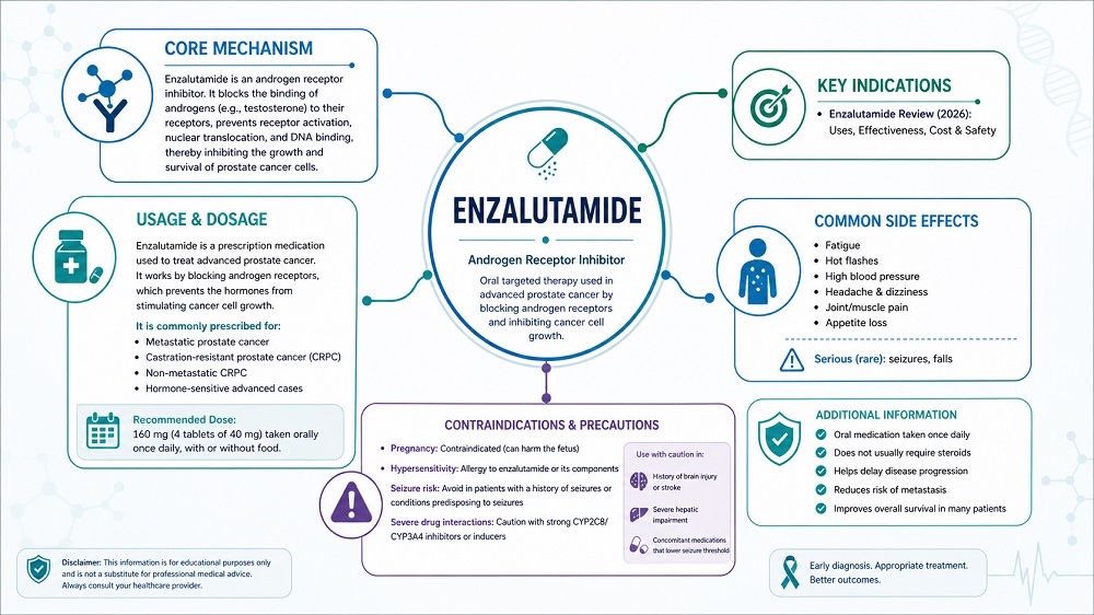 Enzalutamide showing core mechanism, indications, usage and dosage, side effects, and contraindications .