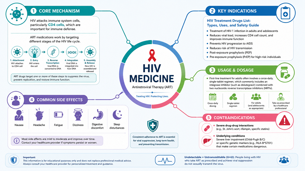 Core Mechanism” explaining how HIV attacks CD4 immune cells and how antiretroviral therapy targets stages of the HIV life cycle; “Key Indications” covering HIV treatment drugs list, uses, and safety guidance; “Usage & Dosage” describing once-daily first-line therapy with integrase inhibitors and NRTIs