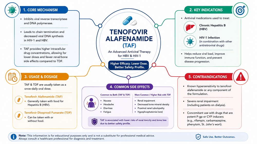 Tenofovir Alafenamide (TAF) showing antiviral mechanism, hepatitis B and HIV treatment uses, dosage guidance, common side effects, renal and bone safety comparison with TDF, and contraindications i