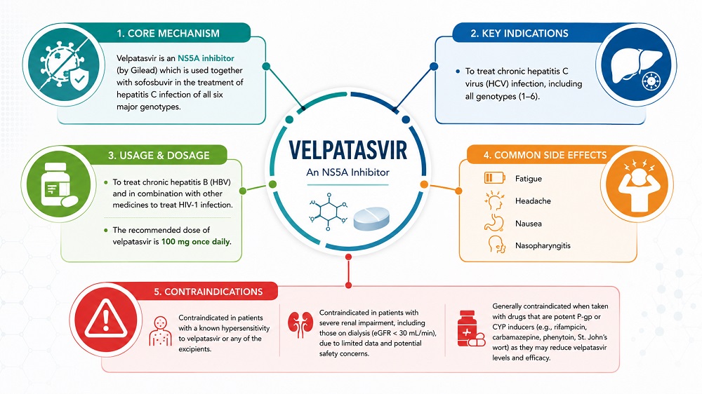 Velpatasvir pharmaceutical infographic showing mechanism, dosage, side effects, and contraindications